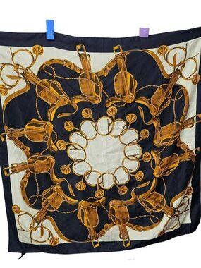 Italian Specialty House Square Polyester Navy Blue White Horse Saddle Gold Scarf